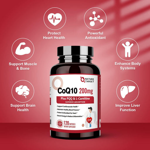 Nature Target CoQ10 + PQQ + L-Carnitine, 200mg, 120 Softgels CoQ10 Maroon
