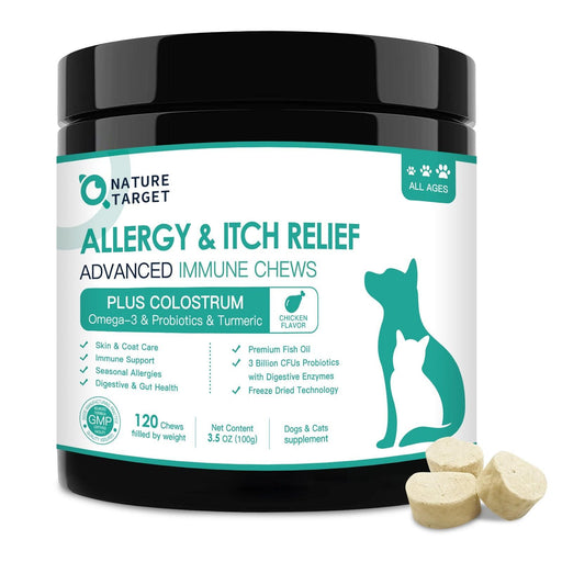 Nature Target Dogs & Cats Allergy Relief Chews, 3 Billion CFUs Pet Vitamins Supplements White Smoke 120 Chews / Chicken