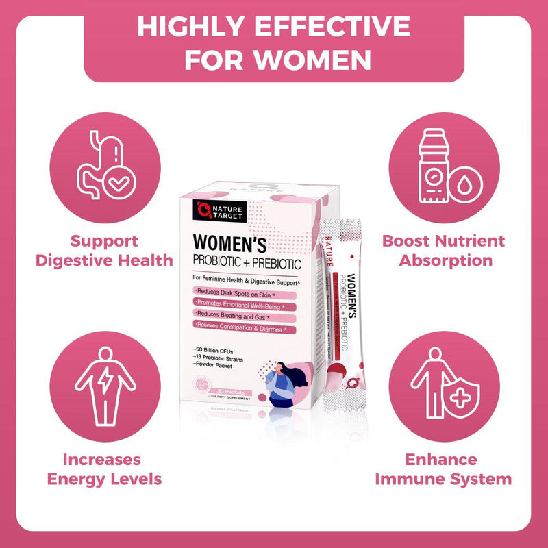 Nature Target Women’s Probiotic & Prebiotic Powder, 50 Billion CFUs, 30 Packs Probiotic White Smoke