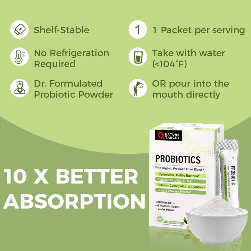 Nature Target Probiotics Powder for All Ages, 60 Billion CFUs, 30 Packets Probiotic Dark Khaki