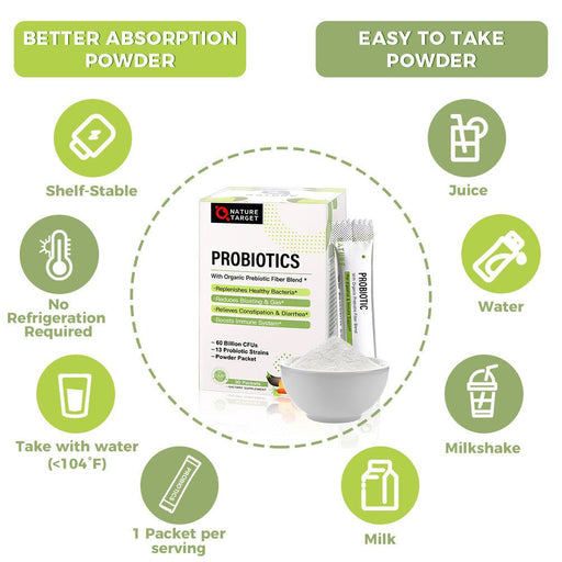 Nature Target Probiotics Powder for All Ages, 60 Billion CFUs, 30 Packets Probiotic White Smoke