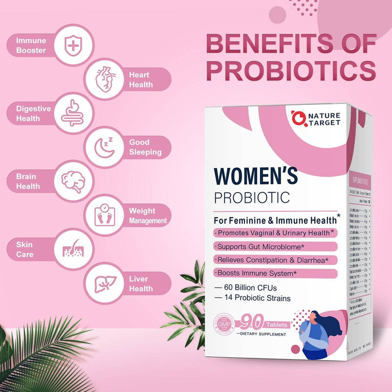Nature Target Women's Probiotics for Vaginal + Urinary Health, 60B CFUs, 90 Tablets Probiotic Pink