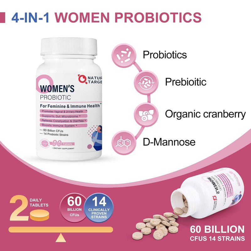 Nature Target Women's Probiotics for Vaginal + Urinary Health, 60B CFUs, 90 Tablets Probiotic White Smoke