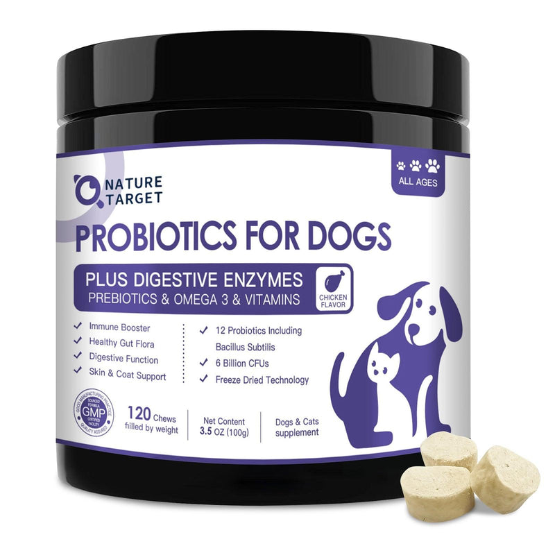 Nature Target Dogs & Cats Omega-3 Probiotic Chews with Chicken Flavor, 6B CFUs, 120ct Pet Vitamins Supplements White Smoke