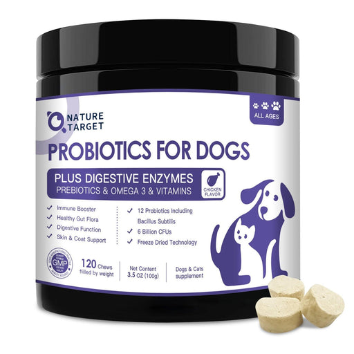 Nature Target Dogs & Cats Omega-3 Probiotic Chews with Chicken Flavor, 6B CFUs, 120ct Pet Vitamins Supplements White Smoke