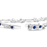 Bids.com 18K White Gold 1 3/4 Cttw Diamond and 3x3mm Round Blue Sapphire Gemstone Floral Link Bracelet (G-H Color, SI1-SI2 Clarity) - Size 7" Bracelets White Smoke White.Gold / 7