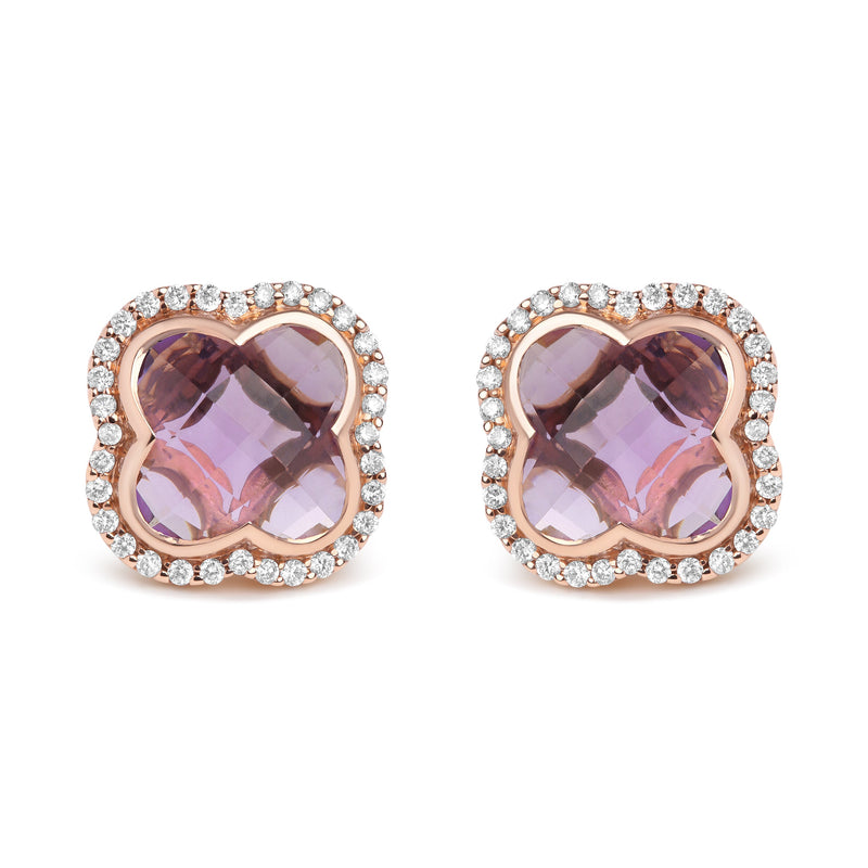 Bids.com 18K Rose Gold 3/8 Cttw Diamond and 11x11mm Clover-Cut Purple Amethyst Gemstone Clover Halo Stud Earrings (G-H Color, SI1-SI2 Clarity) Earrings White Smoke Rose.Gold / 0.42