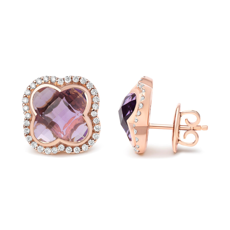 Bids.com 18K Rose Gold 3/8 Cttw Diamond and 11x11mm Clover-Cut Purple Amethyst Gemstone Clover Halo Stud Earrings (G-H Color, SI1-SI2 Clarity) Earrings White Smoke Rose.Gold / 0.42