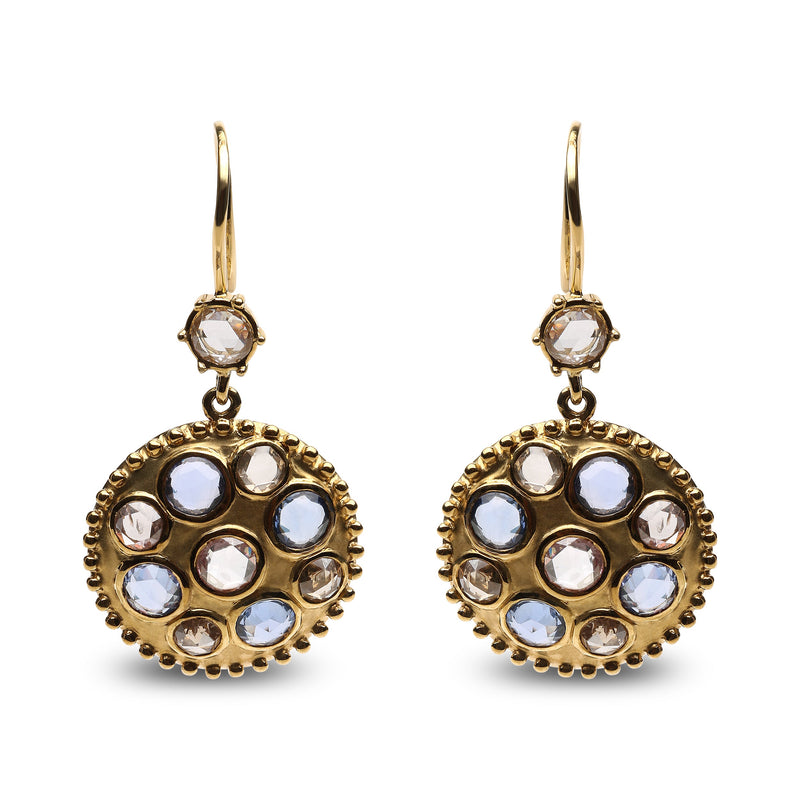Bids.com 18K Yellow Gold 1 2/3 Cttw Diamond and Blue Sapphire Bezel Set Gemstone Cluster Medallion Dangle Earrings (Brown and G-H Color, SI1-SI2 Clarity) Earrings White Smoke Yellow.Gold / 1.65