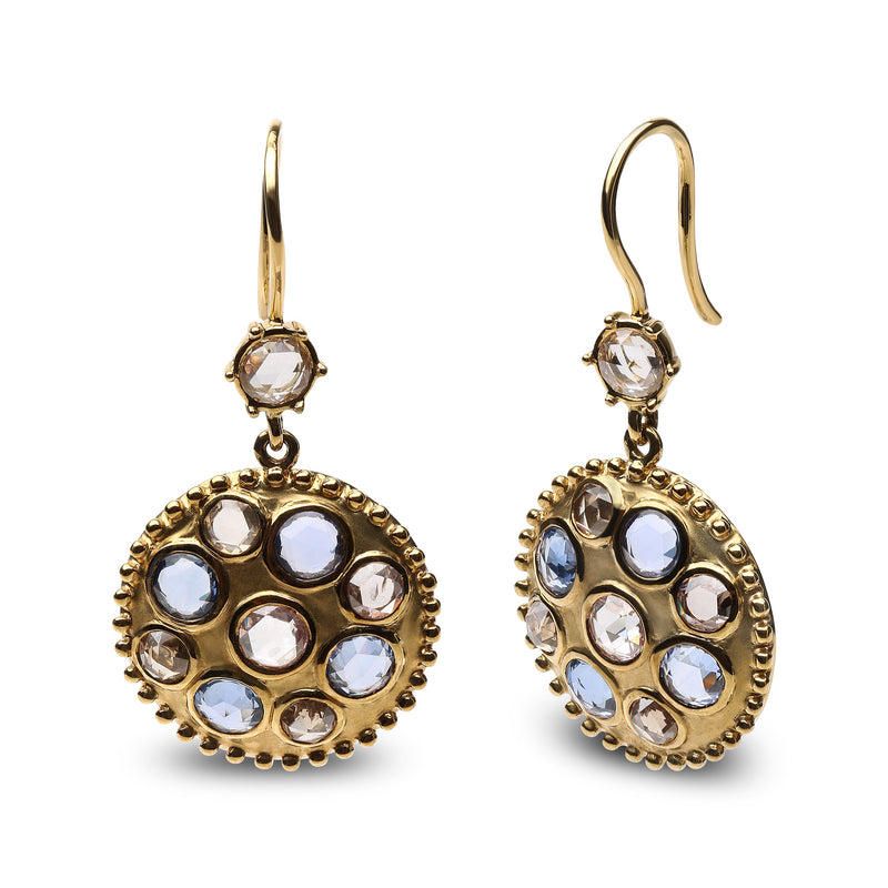 Bids.com 18K Yellow Gold 1 2/3 Cttw Diamond and Blue Sapphire Bezel Set Gemstone Cluster Medallion Dangle Earrings (Brown and G-H Color, SI1-SI2 Clarity) Earrings White Smoke Yellow.Gold / 1.65
