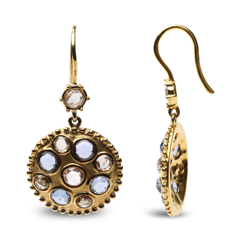 Bids.com 18K Yellow Gold 1 2/3 Cttw Diamond and Blue Sapphire Bezel Set Gemstone Cluster Medallion Dangle Earrings (Brown and G-H Color, SI1-SI2 Clarity) Earrings White Smoke Yellow.Gold / 1.65