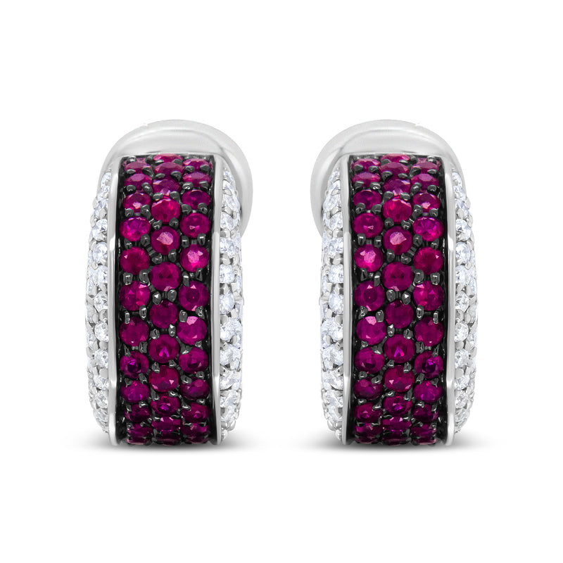 Bids.com 18K White Gold and Black Rhodium Plated 3/4 Cttw Round Diamonds and 1mm Round Red Ruby Huggie Hoop Earrings (F-G Color, VS1-VS2 Clarity) Earrings White Smoke White.Gold / 0.8