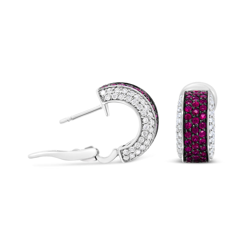 Bids.com 18K White Gold and Black Rhodium Plated 3/4 Cttw Round Diamonds and 1mm Round Red Ruby Huggie Hoop Earrings (F-G Color, VS1-VS2 Clarity) Earrings White Smoke White.Gold / 0.8