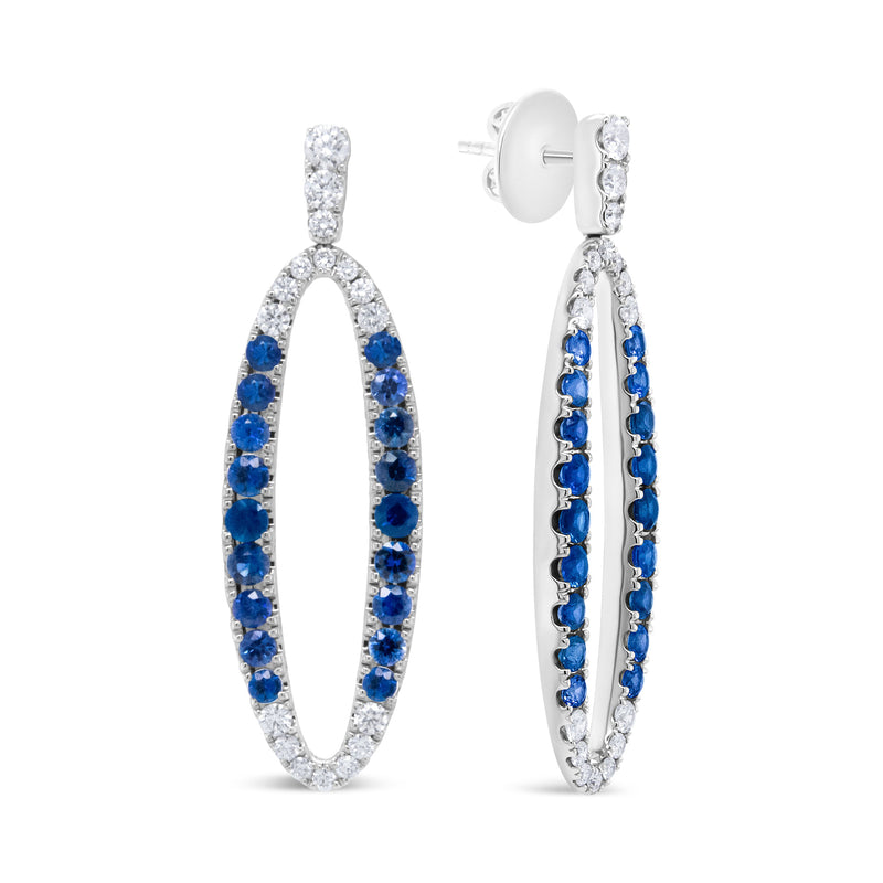 Bids.com 18K White Gold 1.11 Cttw Blue Round Diamond and Blue Sapphire Openwork Oval Shaped Dangle Earrings (F-G Color, VS1-VS2 Clarity) Earrings White Smoke White.Gold / 1.11