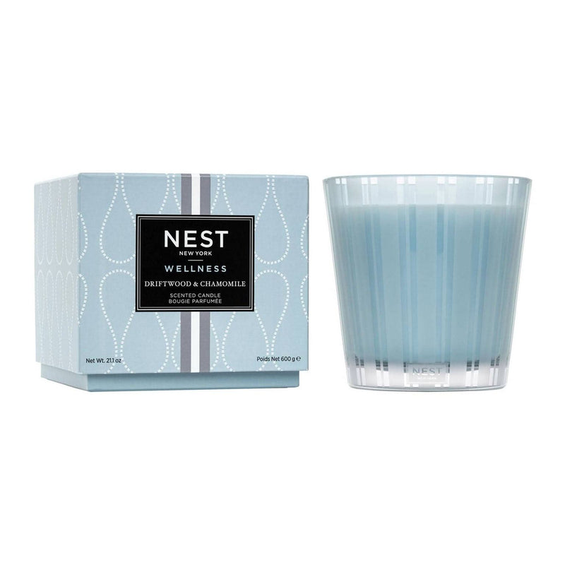 Nava Beauty Nest New York Driftwood & Chamomile Candle Light Steel Blue 3-Wick 21.2 oz