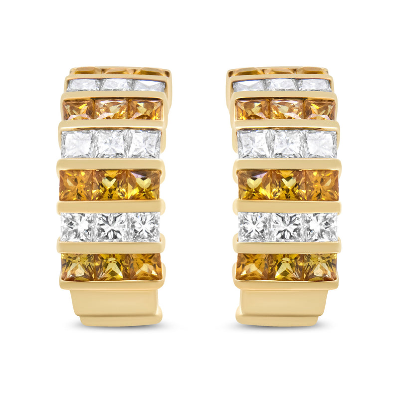 Bids.com 18K Yellow Gold 1 3/4 Cttw Invisible Set Princess Cut Diamond and 2.5mm Yellow Sapphire Huggie Hoop Earrings (F-G Color, VS1-VS2 Clarity) Earrings White Smoke Yellow.Gold / 1.85