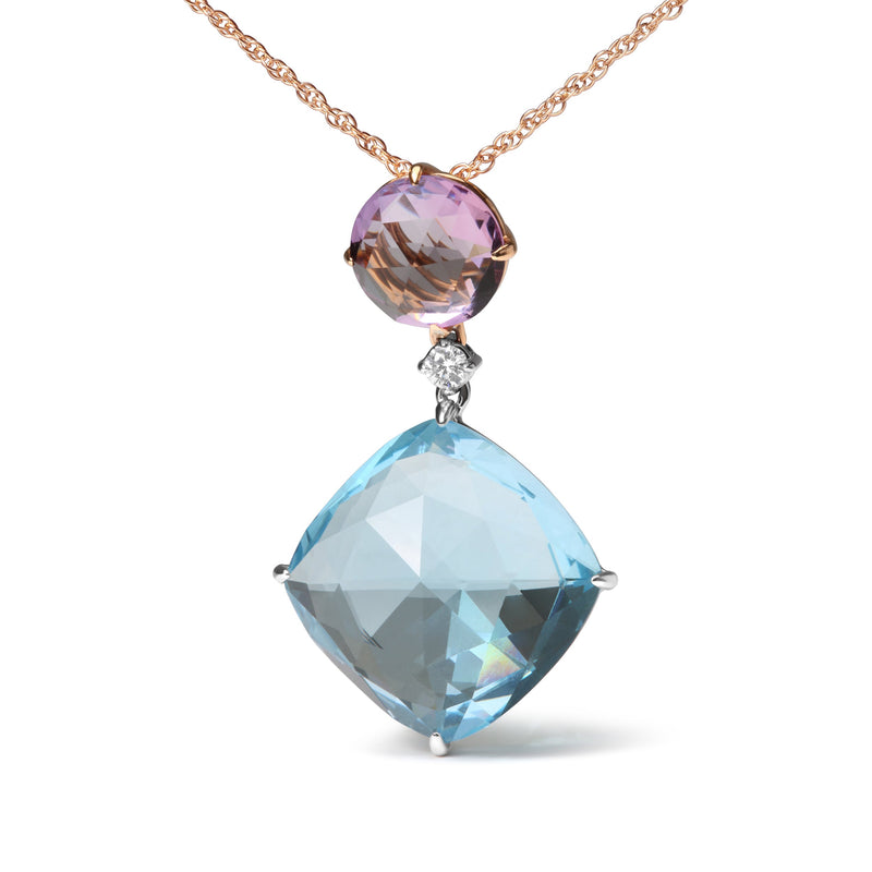 Bids.com 18K White and Rose Gold Round Diamond Accent and Round Rose De France Pink Amethyst and Cushion Cut Sky Blue Topaz Dangle Drop 18" Pendant Necklace (G-H Color, SI1-SI2 Clarity) Necklaces White Smoke WhiteRose.Gold / 18