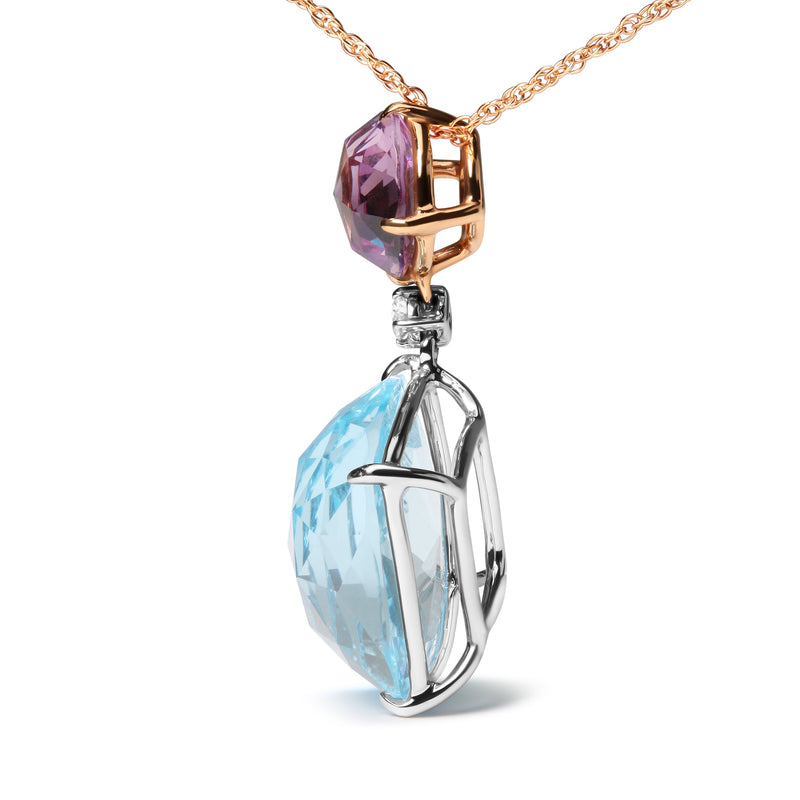 Bids.com 18K White and Rose Gold Round Diamond Accent and Round Rose De France Pink Amethyst and Cushion Cut Sky Blue Topaz Dangle Drop 18" Pendant Necklace (G-H Color, SI1-SI2 Clarity) Necklaces White Smoke WhiteRose.Gold / 18