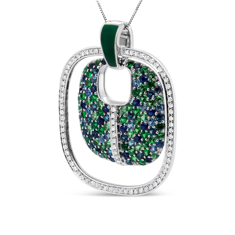 Bids.com .925 Sterling Silver Green Enamel Pendant with 1/2 Cttw Diamond, Sapphire, and Tsavorite Openwork Statement 18" Pendant Necklace (F-G Color, VS1-VS2 Clarity) Necklaces White Smoke White.Sterling Silver / 18