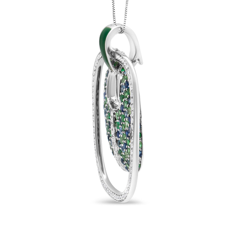 Bids.com .925 Sterling Silver Green Enamel Pendant with 1/2 Cttw Diamond, Sapphire, and Tsavorite Openwork Statement 18" Pendant Necklace (F-G Color, VS1-VS2 Clarity) Necklaces White Smoke White.Sterling Silver / 18