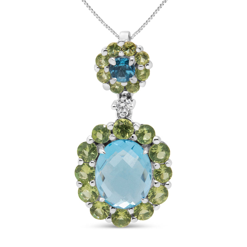 Bids.com 18k White Gold 0.05 Cttw Round Diamond and Blue Topaz and Green Peridot Gemstone Halo Drop 18" Pendant Necklace (F-G Color, VS1-VS2 Clarity) Necklaces White Smoke White.Gold / 18