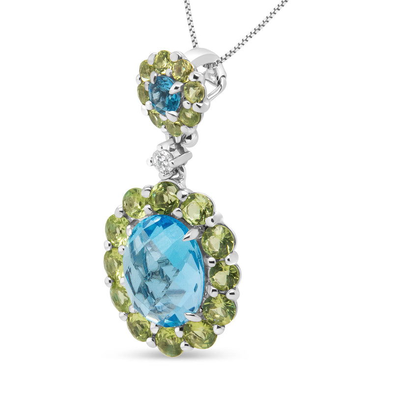 Bids.com 18k White Gold 0.05 Cttw Round Diamond and Blue Topaz and Green Peridot Gemstone Halo Drop 18" Pendant Necklace (F-G Color, VS1-VS2 Clarity) Necklaces White Smoke White.Gold / 18