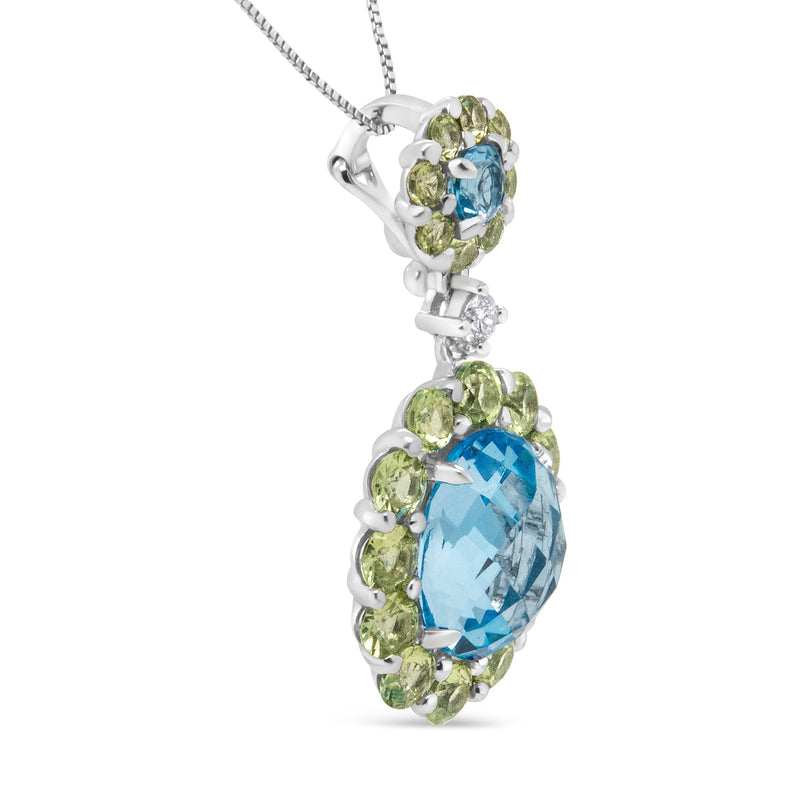 Bids.com 18k White Gold 0.05 Cttw Round Diamond and Blue Topaz and Green Peridot Gemstone Halo Drop 18" Pendant Necklace (F-G Color, VS1-VS2 Clarity) Necklaces White Smoke White.Gold / 18