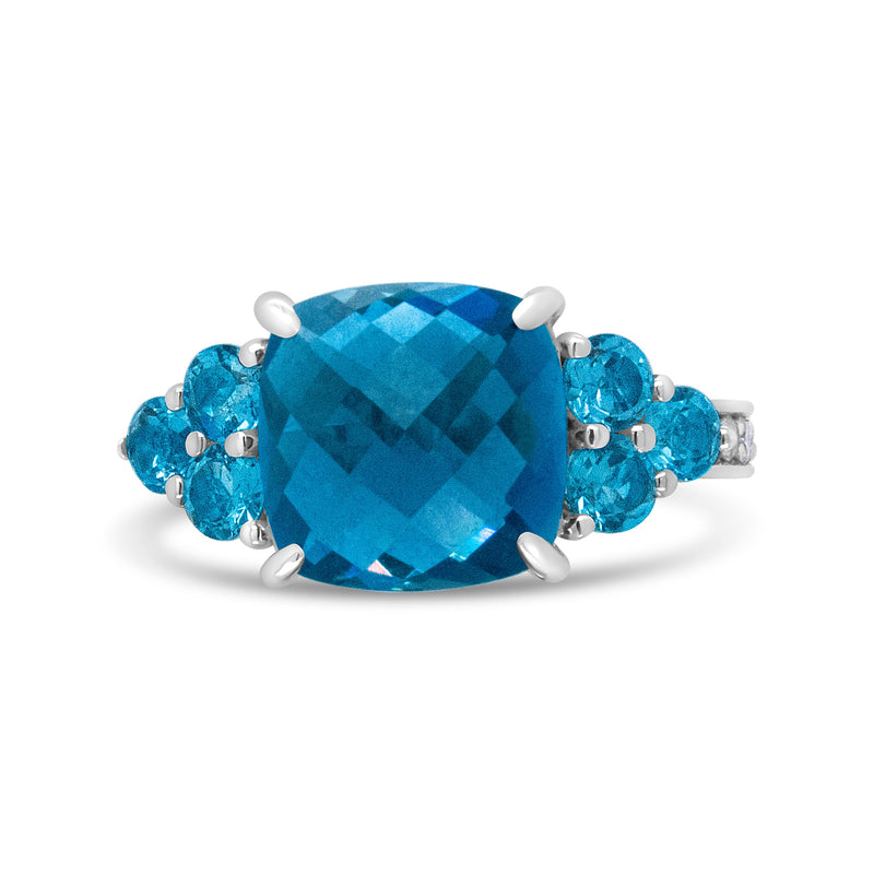Bids.com 18K White Gold 10mm Cushion Shaped Blue Topaz and 1/6 Cttw Diamond 3 Stone Style Ring (F-G Color, VS1-VS2 Clarity) - Ring Size 6.5 Rings White Smoke 6.5 / White.Gold