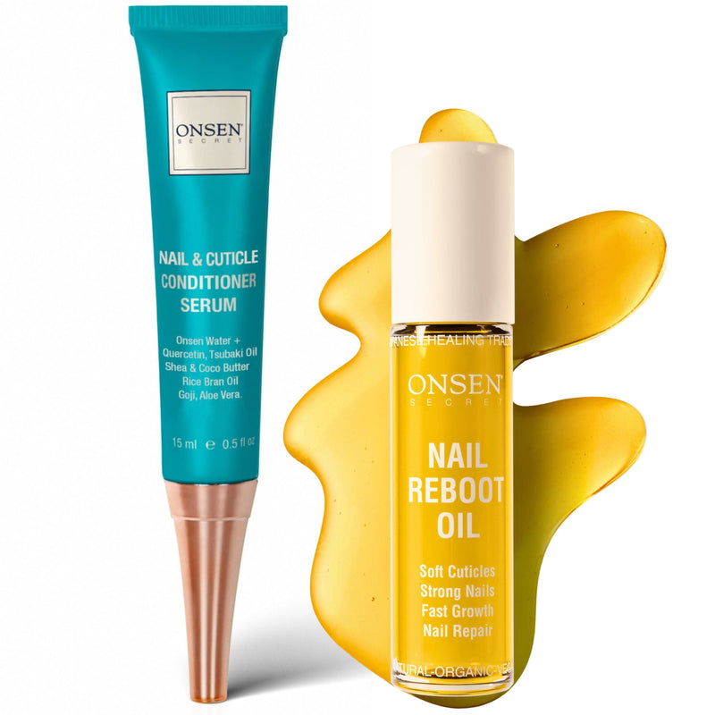 Onsen Secret Nail & Cuticle Reboot Duo Nail Kit White Smoke 15ml Cuticle Conditioner Serum + 10ml Nail Reboot Oil