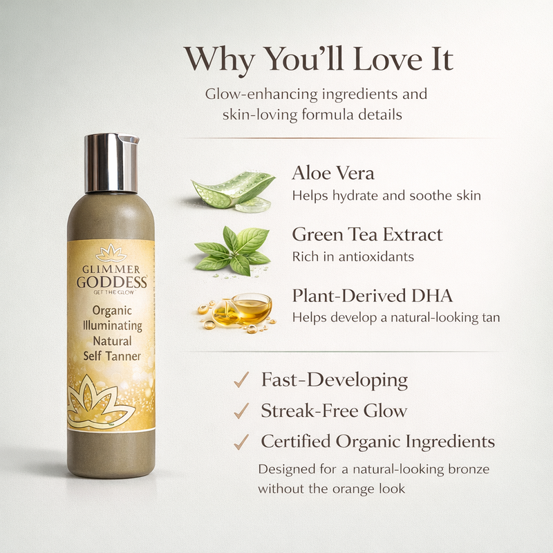 Glimmer Goddess® Organic Skin Care Organic Self Tanner – Fast Bronze Glow Self Tanner Lavender 8 oz / Regular / Lightly Scented – soft essential oil scent,8 oz / Regular / Unscented – great for extra-sensitive skin,8 oz / Dark / Lightly Scented – soft essential oil scent,8 oz / Dark / Unscented – great for extra-sensitive skin,4 oz / Regular / Ligh