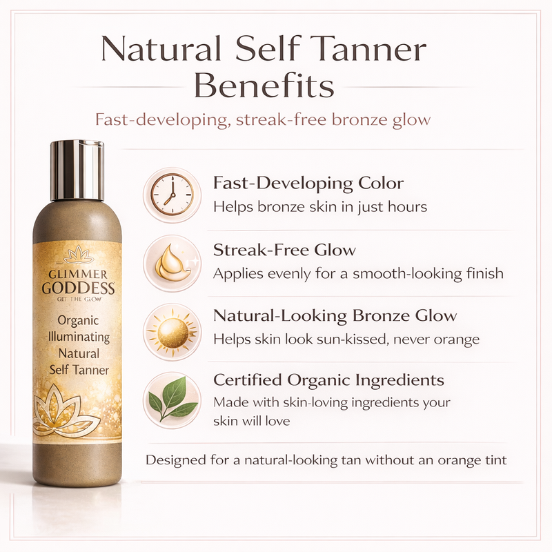 Glimmer Goddess® Organic Skin Care Organic Self Tanner – Fast Bronze Glow Self Tanner White Smoke 8 oz / Regular / Lightly Scented – soft essential oil scent,8 oz / Regular / Unscented – great for extra-sensitive skin,8 oz / Dark / Lightly Scented – soft essential oil scent,8 oz / Dark / Unscented – great for extra-sensitive skin,4 oz / Regular / Ligh