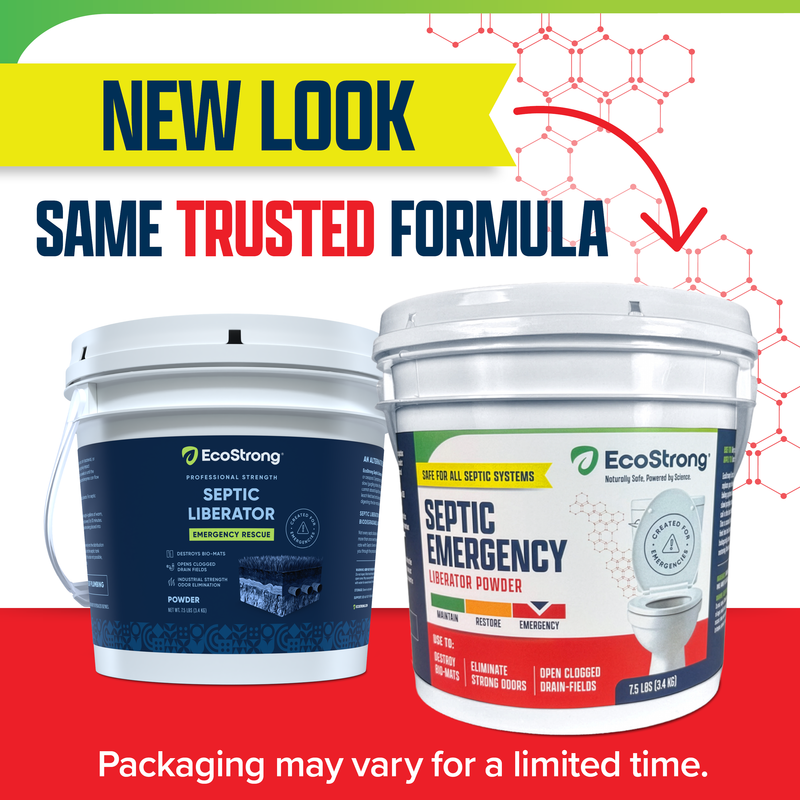 EcoStrong Septic Liberator Drain & Septic > Septic System Emergencies White Smoke 10 lbs Packs,7 and 1 half lbs Pail Powder,30 lbs Bucket Powder,1 Gallon Jug Liquid,2 Gallon Jug Liquid