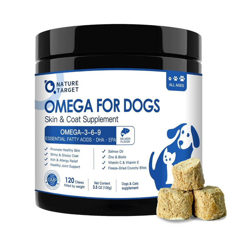 Nature Target Omega 3 Fish Oil for Dogs & Cats, Salmon Flavor, 120 Chews Pet Vitamins Supplements White Smoke
