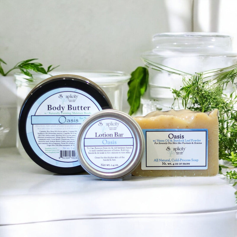 Soaplicity Oasis Bundles for Severely Dry Skin Bundles Light Gray Oasis Soap, Lotion Bar & Body Butter