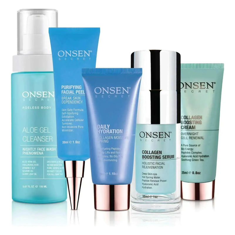 Onsen Secret Collagen Boosting System Skin Care Sets Sky Blue 150ml Aloe Gel Cleanser + 30ml Facial Peel + 35ml Daily Hydration + 30ml Collagen Boosting Serum + 25ml Collagen Boosting Cream