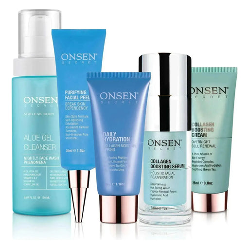 Onsen Secret Collagen Boosting System Skin Care Sets Sky Blue 150ml Aloe Gel Cleanser + 30ml Facial Peel + 35ml Daily Hydration + 30ml Collagen Boosting Serum + 25ml Collagen Boosting Cream