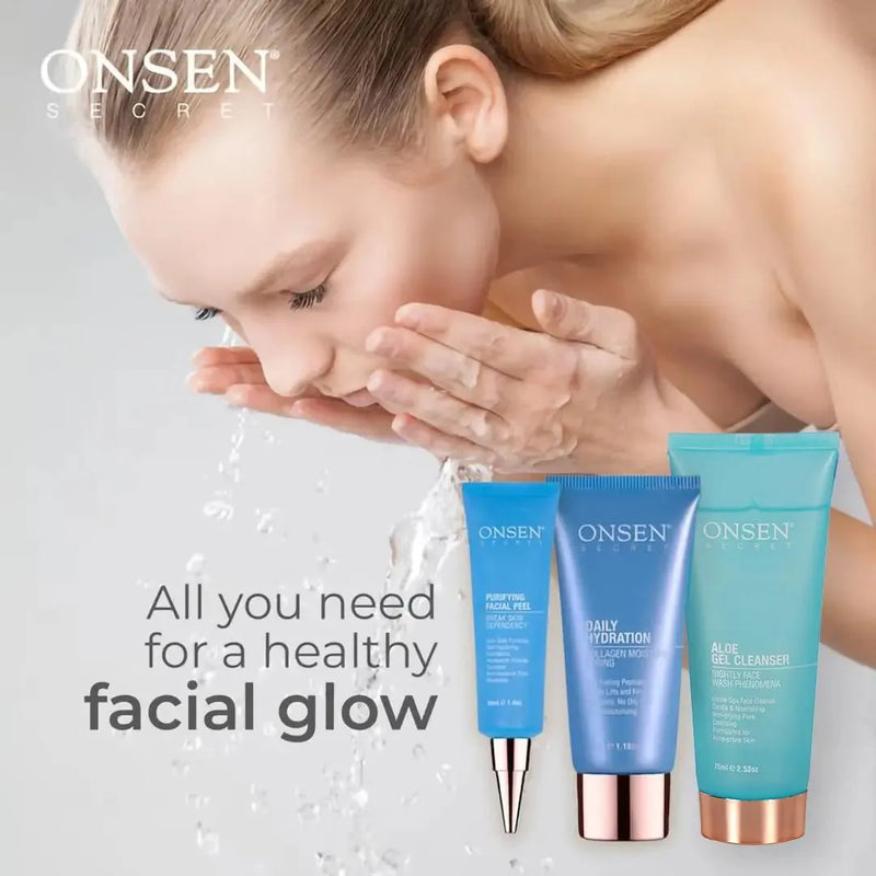 Onsen Secret Facial Glow Starter Kit Skin Care Sets Light Gray 30ml Facial Peel + 75ml Aloe Gel Cleanser  + 35ml Daily Hydration,50ml Facial Peel + 150ml Aloe Gel Cleanser + 50ml Daily Hydration,50ml Facial Peel + 150ml Milk Wash + 50ml Daily Hydration