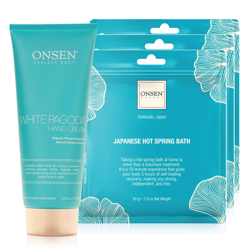 Onsen Secret Body Reboot Kit Body Care Kits White Smoke 135ml Hand Cream + 3 Pack Hot Spring Mineral Bath