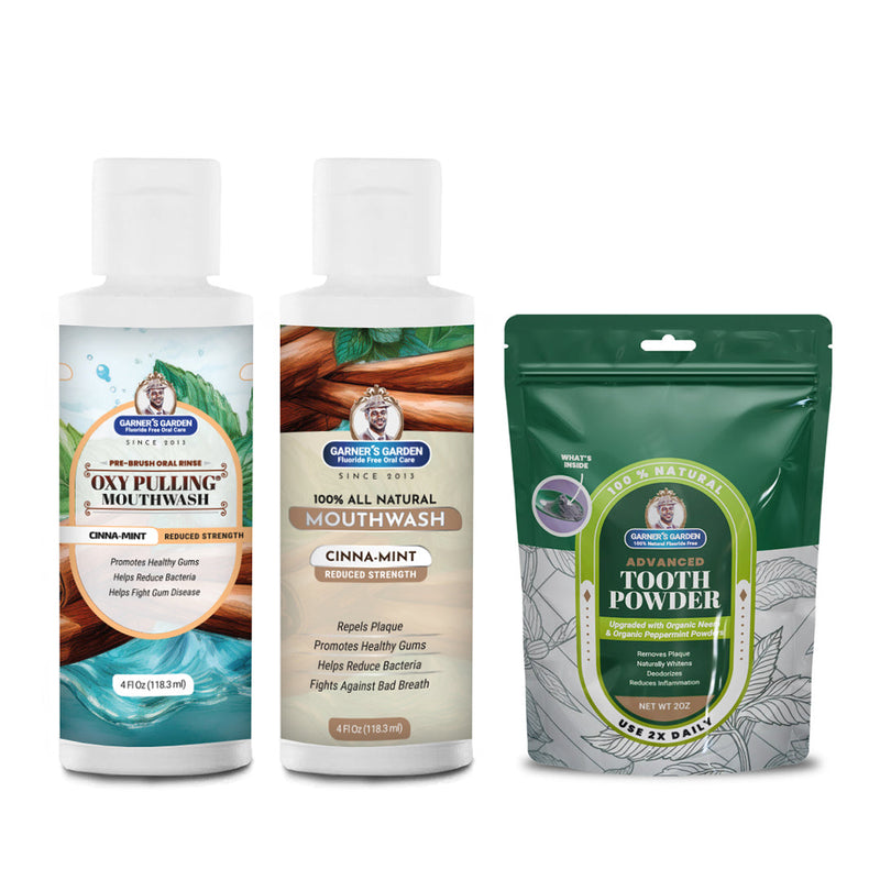 Garner's Garden Travel Sized Oral Care Trio | Trio | H2O2 | Fluoride Free Oral Care White Smoke Cinnamint / 4oz Rinses / Reduced Strength + 2oz Organic Tooth Powder