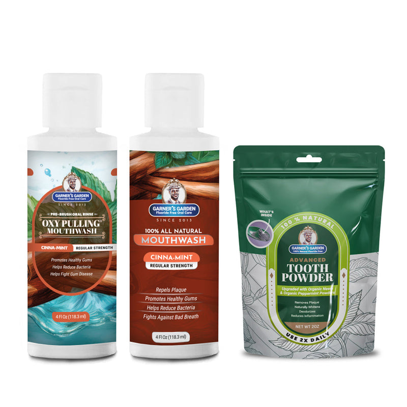 Garner's Garden Travel Sized Oral Care Trio | Trio | H2O2 | Fluoride Free Oral Care White Smoke Cinnamint / 4oz Rinses / Regular Strength + 2oz Organic Tooth Powder