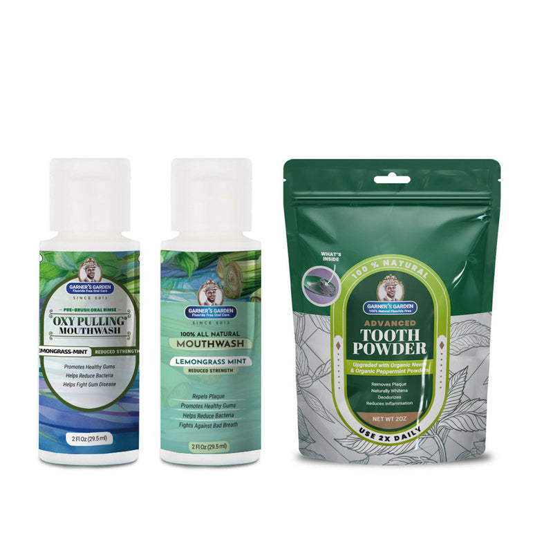 Garner's Garden Travel Sized Oral Care Trio | Trio | H2O2 | Fluoride Free Oral Care White Smoke Lemongrassmint / 2oz Rinses / Reduced Strength + 2oz Organic Tooth Powder
