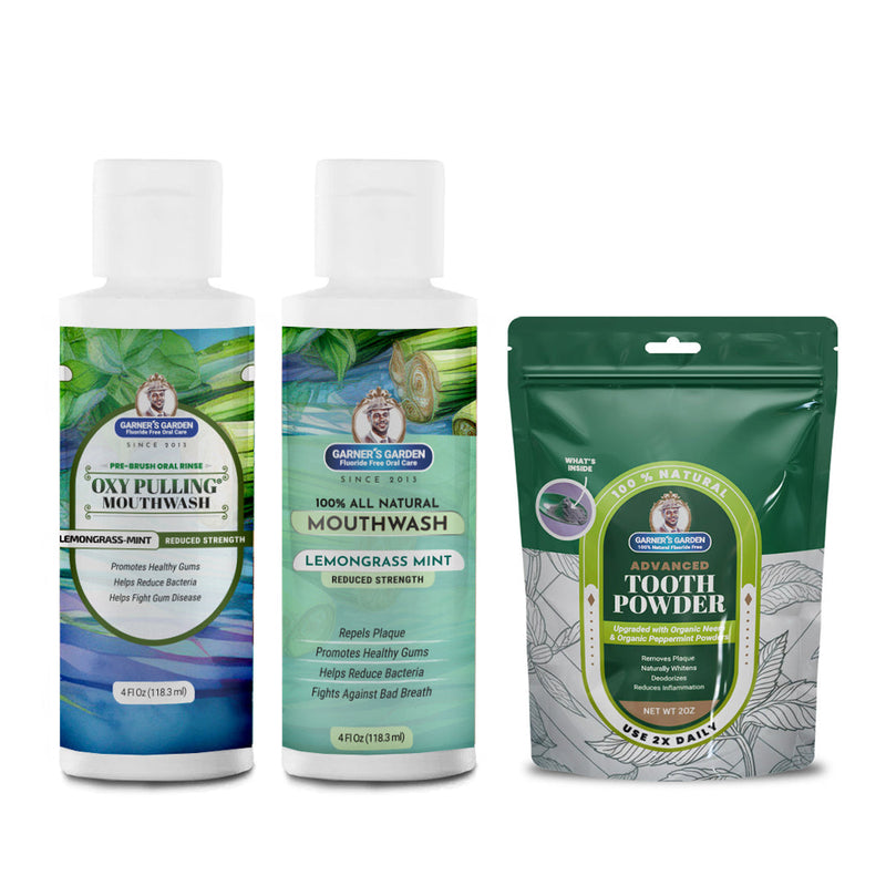 Garner's Garden Travel Sized Oral Care Trio | Trio | H2O2 | Fluoride Free Oral Care White Smoke Lemongrassmint / 4oz Rinses / Reduced Strength + 2oz Organic Tooth Powder