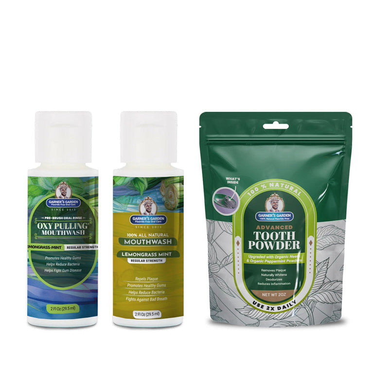 Garner's Garden Travel Sized Oral Care Trio | Trio | H2O2 | Fluoride Free Oral Care White Smoke Lemongrassmint / 2oz Rinses / Regular Strength + 2oz Organic Tooth Powder