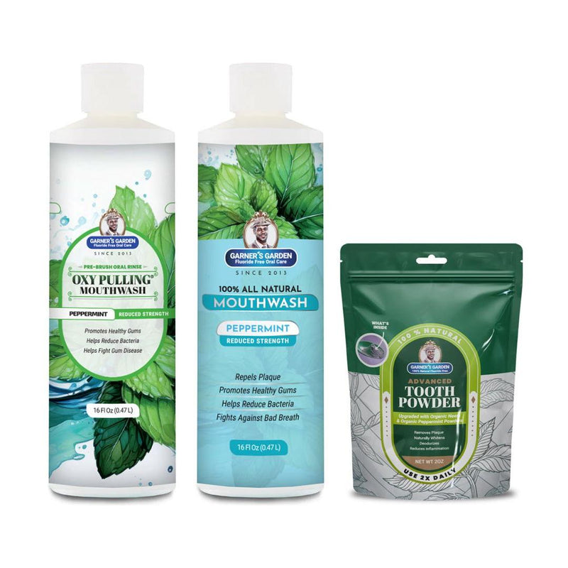 Garner's Garden Oral Care Package | Trio | H2O2 | Fluoride Free Packages White Smoke Reduced Peppermint / 2 oz Organic Tooth Powder
