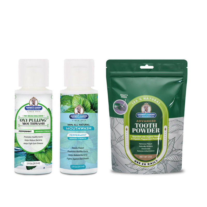 Garner's Garden Travel Sized Oral Care Trio | Trio | H2O2 | Fluoride Free Oral Care White Smoke Peppermint / 2oz Rinses / Reduced Strength + 2oz Organic Tooth Powder