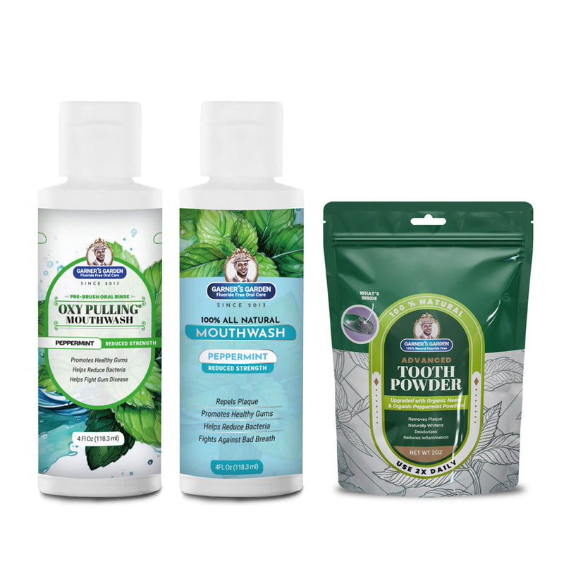 Garner's Garden Travel Sized Oral Care Trio | Trio | H2O2 | Fluoride Free Oral Care White Smoke Peppermint / 4oz Rinses / Reduced Strength + 2oz Organic Tooth Powder
