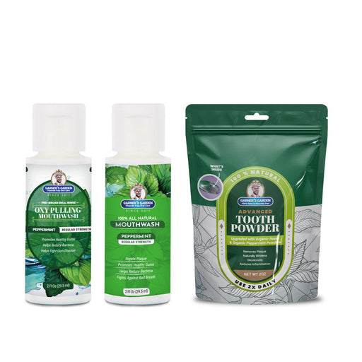 Garner's Garden Travel Sized Oral Care Trio | Trio | H2O2 | Fluoride Free Oral Care White Smoke Peppermint / 2oz Rinses / Regular Strength + 2oz Organic Tooth Powder