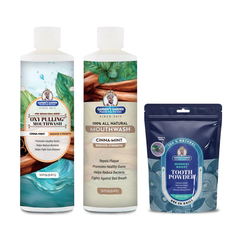 Garner's Garden Oral Care Package | Trio | H2O2 | Fluoride Free Packages White Smoke Reduced Cinnamint / 2 oz Regular Tooth Powder