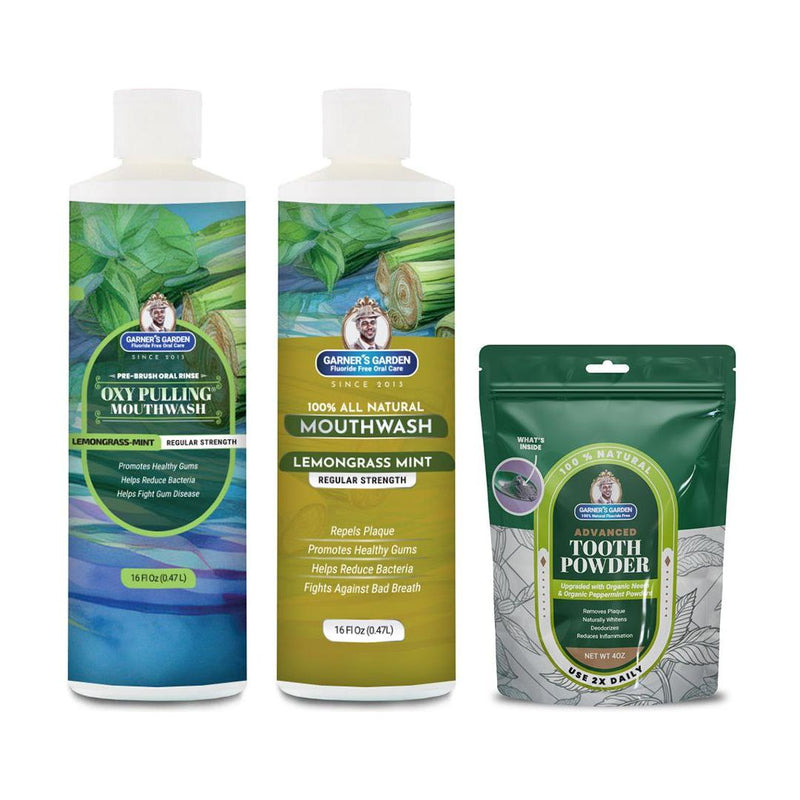 Garner's Garden Oral Care Package | Trio | H2O2 | Fluoride Free Packages White Smoke Regular Lemongrassmint / 2 oz Organic Tooth Powder