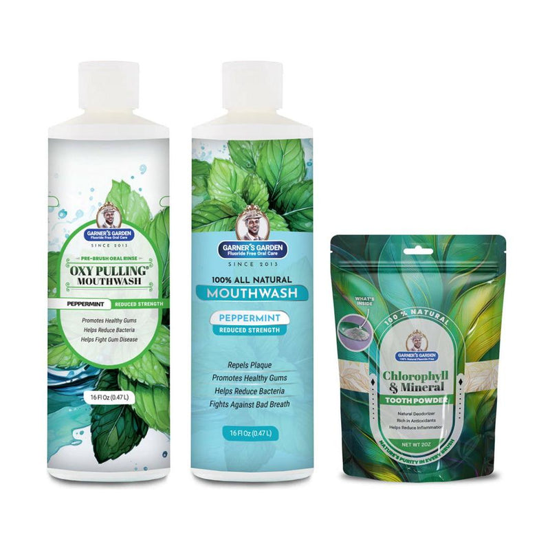 Garner's Garden Oral Care Package | Trio | H2O2 | Fluoride Free Packages White Smoke Reduced Peppermint / 2 oz Chlorophyll and Mineral Tooth Powder